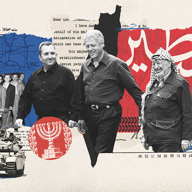 Collage illustration for four proposals to end the Israeli/Palestinian conflict, with Ehud Barak, Bill Clinton and Yasser Arafat. (Illustration by Walid Haddad for VOA News)