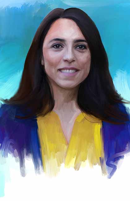 Illustrated portrait of journalist Meltem Oktay by Lukman Ahmad.