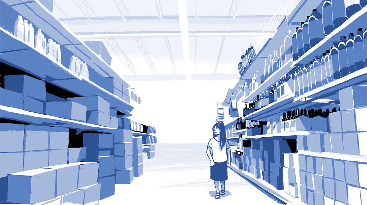 Grocery store aisle. Comic book drawing.