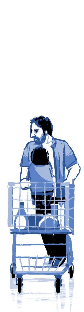 Man pushing a shopping cart with his young daughter in it. Comic book drawing.