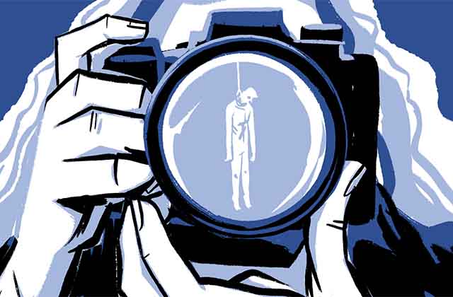 Comic book illustration of García taking a photograph with her camera, and the reflection of the man in the camera lens. 