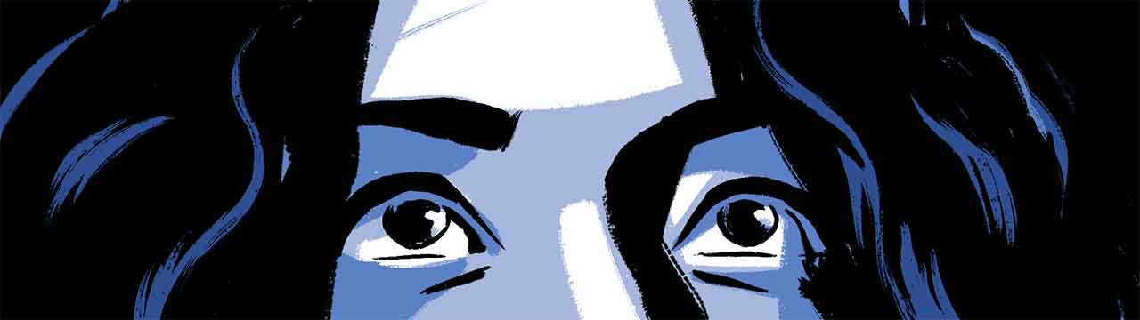 Comic book illustration of a close-up of García’s eyes looking up. 