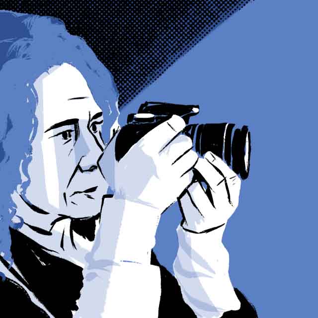 Comic book illustration of a close-up of García holding up her camera to take a photograph as she starts to cry. 