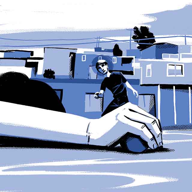 Comic book illustration of a close-up of a dead man on the ground with a teenage boy walking toward the body. 