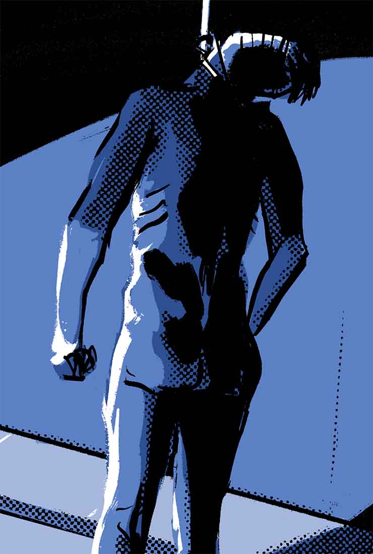 Comic book illustration of man hanging from a bridge by a noose. 