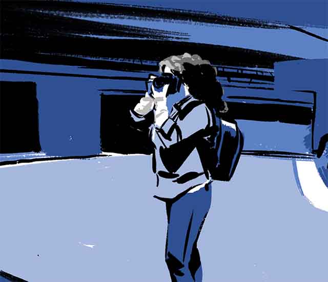 Comic book illustration of García walking near a bridge. 
