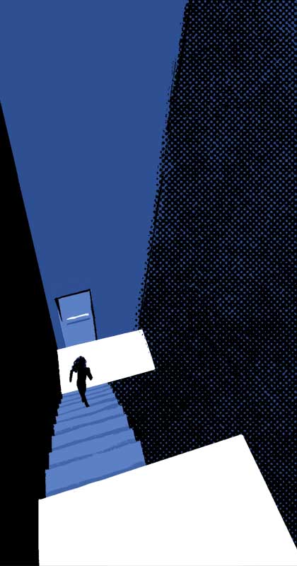 Comic book illustration of García climbing stairs. 
