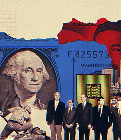 Collage illustration of U.S.-Japan semiconductor and manufacturing conflict (Chin Soo Park / VOA News)